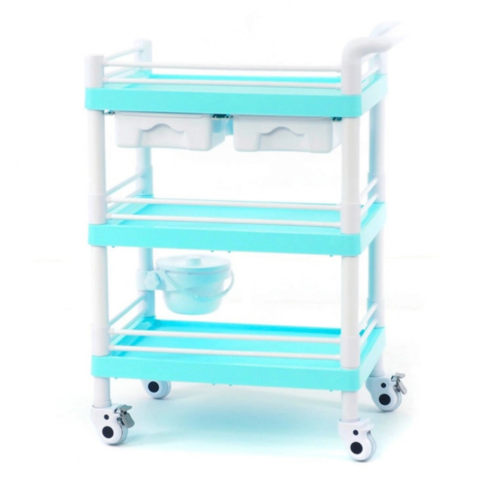 Тележка медицинская (стол манипуляционный) МЕТ SPY-130 (3 полки, 2 ящика, ведро), морская волна